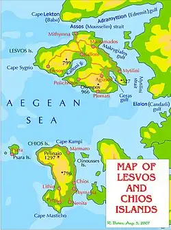 Geophysical maps of the Lesbos and Chios islands, with the main settlements and roads, in English