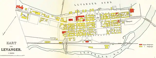 Levanger map from 1909. The station is the southernmost red building.