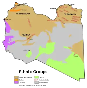 Image 36Ethnic composition of the Libyan population in 1974 (CIA map)   Arab and Arab-Berber   Berber   Tuareg   Toubou   Uninhabited (from Libya)