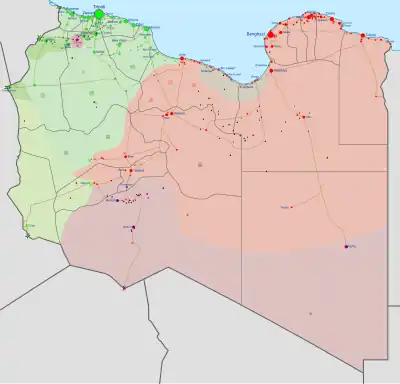 Image 16Areas of control in the Civil War, updated 11 June 2020: Tobruk-led Government Government of National Accord Petroleum Facilities Guard  Tuareg tribes Local forces  (from Libya)