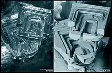 Two images of the same depth hoar snow crystal, viewed through a light microscope (left) and as an SEM image (right). Note how the SEM image allows for clear perception of the fine structure details which are hard to fully make out in the light microscope image.