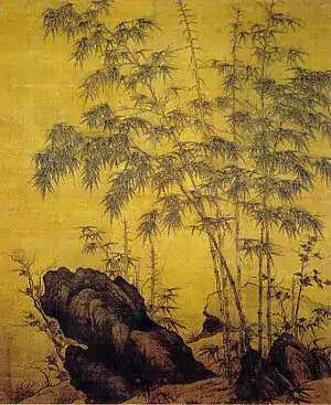 A painting of a cluster of bamboo sprouting up among rounded rocks. The background of the painting is bright yellow.