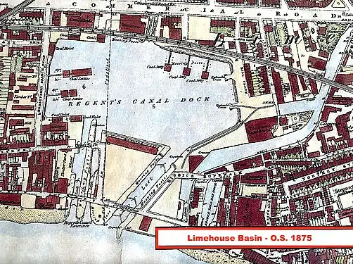 Limehouse Basin in its heyday.  The new slantwise shiplock is in the centre; old ship and barge locks on left.