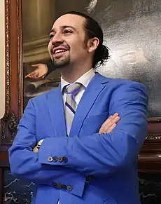 Lin-Manuel Miranda speaking at the office of the United States Secretary of the Treasury, Washington, DC.