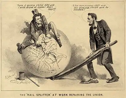 Image 3An editorial cartoon of Andrew Johnson and Abraham Lincoln, 1865, entitled The Rail Splitter at Work Repairing the Union. The caption reads: (Johnson): "Take it quietly Uncle Abe and I will draw it closer than ever." (Lincoln): "A few more stitches Andy and the good old Union will be mended." (from Political cartoon)