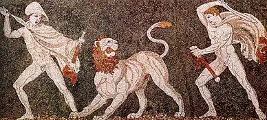 Alexander the Great (left), wearing a kausia and fighting an Asiatic lion with his friend Craterus (detail); late 4th-century BC mosaic from Pella