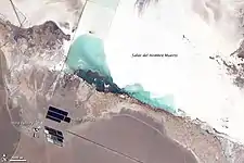 Salt evaporation ponds at a lithium mine in Argentina. The brine in this salar is rich in lithium, and the mine concentrates the brine in the ponds.