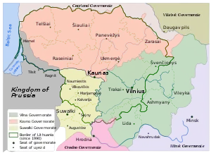 Map of Lithuania around 1867–1914, with visible Polish–Russian border (Lithuania did not exist at that time)