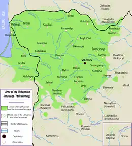 Image 59Area where the Lithuanian language was predominantly spoken in the 16th century (from Grand Duchy of Lithuania)