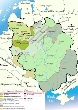 Image 102Expansion of the Grand Duchy of Lithuania in the 13–15th centuries (from History of Lithuania)