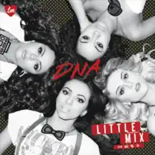 A greyscale image of Little Mix laying next to each other centered around the title "DNA" in red.