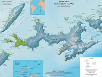 Topographic map of Livingston Island with the bases and base camps on the island image