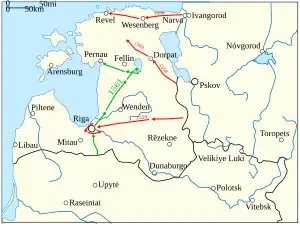 Three Russian campaigns are visible in 1558, 1559 and 1560, all from east to west. One Polish–Lithuanian campaign in 1561 is shown advancing up the central part of Livonia. Refer to the text for details.