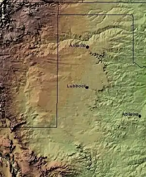 A color-shaded relief map of the Llano Estacado