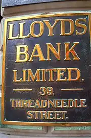 Old-fashioned metal address plaque for Lloyds Bank, 39 Threadneedle Street, London