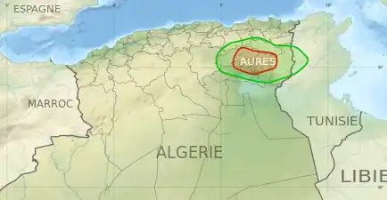 A map of northern Algeria showing the location of the Aurès region in red and the greater region in green