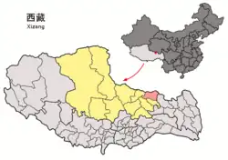 Location of Baqên County (red) within Nagqu City (yellow) and the Tibet Autonomous Region