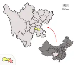 Location of Fushun County (red) within Zigong City (yellow) and Sichuan