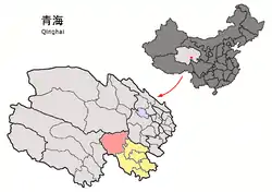 Madoi County (light red) within Golog Prefecture (yellow) and Qinghai