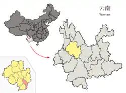 Location of Midu County (pink) and Dali Prefecture (yellow) within Yunnan