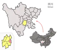 Location of Qianwei County (red) within Leshan City (yellow) and Sichuan