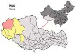 Location of Rutog County (red) within Ngari Prefecture (yellow) and the Tibet Autonomous Region