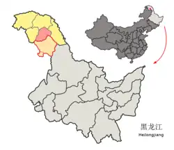 Location of the district (red) in Daxing'anling (yellow) and Heilongjiang