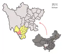 Location of Yanyuan County (red) within Liangshan Prefecture (yellow) and Sichuan