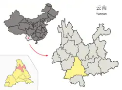 Location of Zhenyuan County (pink) and Pu'er City (yellow) within Yunnan