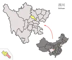 Location of Zhongjiang County (pink) within Deyang (yellow) and Sichuan