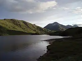 A lake with mountains beyond