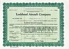 Stock certificate of the Lockheed Aircraft Company for 100 shares, issued June 10, 1929, signed in original by company founder Allan H. Loughead as Vice President