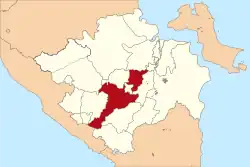 Location of Muara Enim Regency (in red) in South Sumatra, following the separation off of Penukal Abab Lematang Ilir Regency in 2012; this old map is before the late 2022 adjustments.