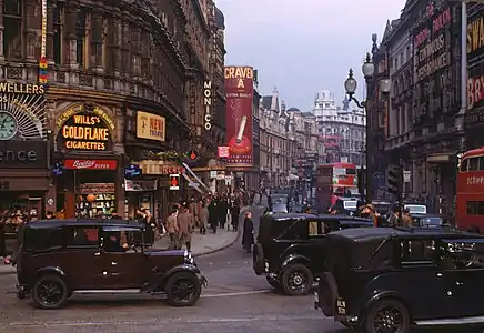 Image 4Piccadilly CircusPhoto credit: Chalmers ButterfieldShaftesbury Avenue from Piccadilly Circus, in the West End of London, c. 1949. The Circus, a famous traffic intersection and public space in the City of Westminster was built in 1819 to connect Regent Street with the major shopping street of Piccadilly. Its status as a major traffic intersection has made it a busy meeting point and a tourist attraction in its own right.More featured pictures