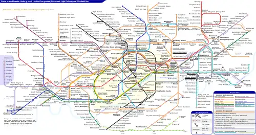 Diagram containing several differently-coloured lines that connect nodes, which are small hollow black circles. The lines are mostly straight but sometimes have curved bends at regular angles. A stylised light-blue river is included.