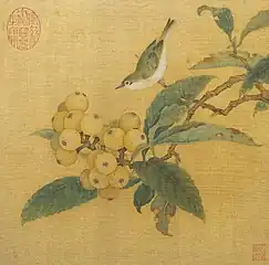 A square painting depicting a small bird, with a grey top and white underbelly, perched on a branch that ends with a large cluster of orange tinted fruits, each about half the size of the bird.