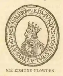 A man with a crown, surrounded by a circle of Latin inscriptions, with the name "Sir Edmund Plowden" on the bottom.