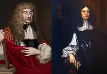 A split portrait of John Berkeley (left) and George Carteret (right).