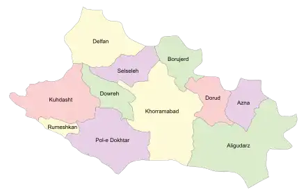 Location of Selseleh County in Lorestan province (top, purple)