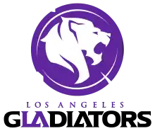 The logo for the Los Angeles Gladiators features a roaring white lion circumscribed inside a purple battle-scarred shield.