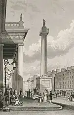 Artwork of statue of Nelson on top of a Doric column in a broad street with pedestrians and lined with buildings