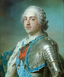 Painting of Louis XV dating from 1748. Although such suits of armour had long fallen out of use it remained fashionable for the nobility to be painted while wearing them.