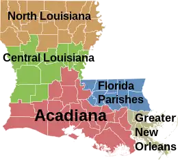 The Central Louisiana region is shaded in green.