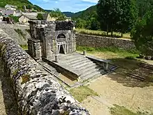 Color photograph of a ruined monument seen from above.