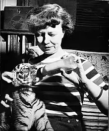 Mann feeding a tiger cub in 1949