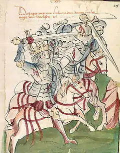 Ludwig III wearing Gothic plate armor with prominent poleyns, from a fifteenth-century manuscript.