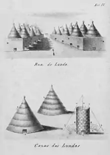 Image 19A drawing of Lunda houses by a Portuguese visitor. The size of the doorways relative to the building emphasizes the scale of the buildings. (from Zambia)