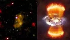 Left: Lyman alpha blob-1 as seen in Lyman-alpha (yellow), infrared (red) and ultraviolet (blue). The round blue object at the upper left of the blob is a giant galaxy. Right: Artist's impression of how the blob may look like if viewed from relatively close.