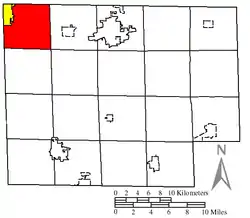 Location of Lyme Township (red) in Huron County, next to the city of Bellevue (yellow)