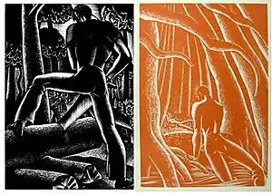 Two monochrome images.  The left, in black, depicts a man from behind sawing wood, and the right, in orange, a man in the woods emerging from the water, directing himself toward a nude female who lies on the ground in the distance.